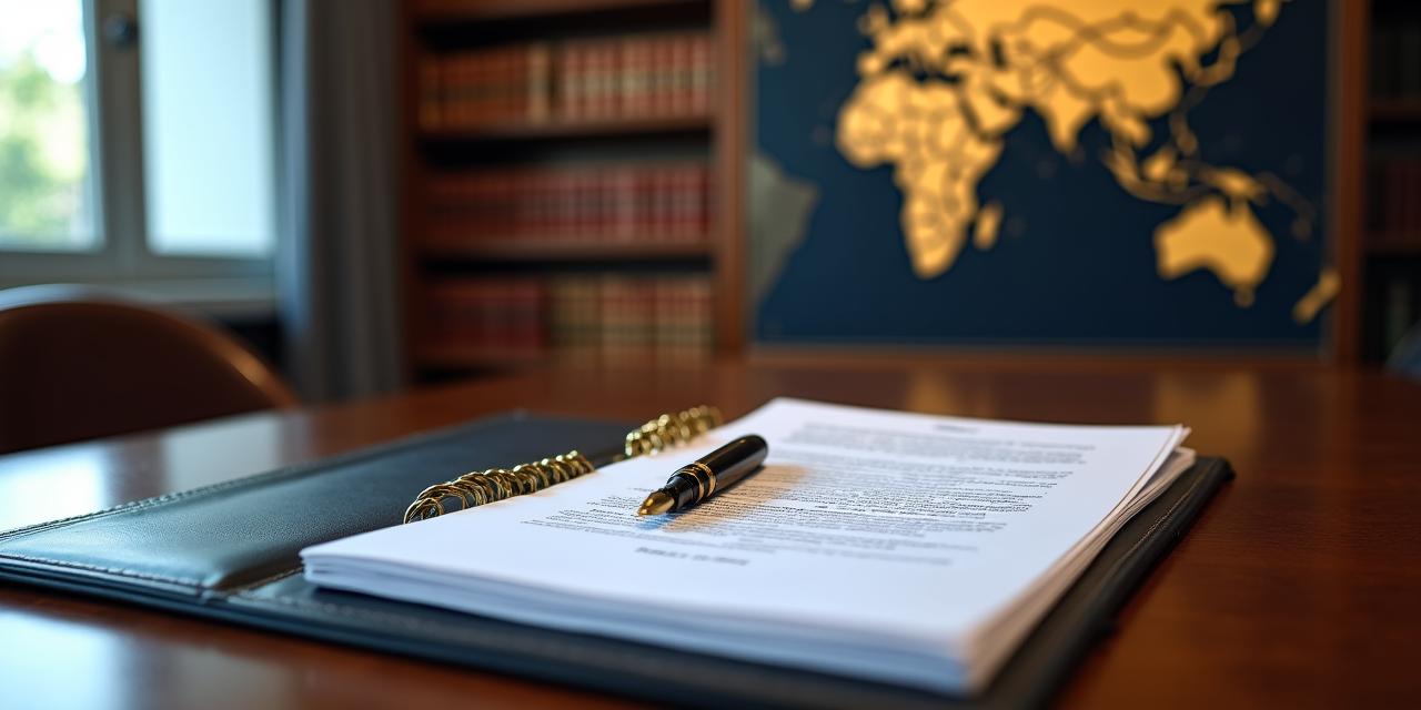 Professionisti legali che analizzano un contratto internazionale su un tavolo in legno